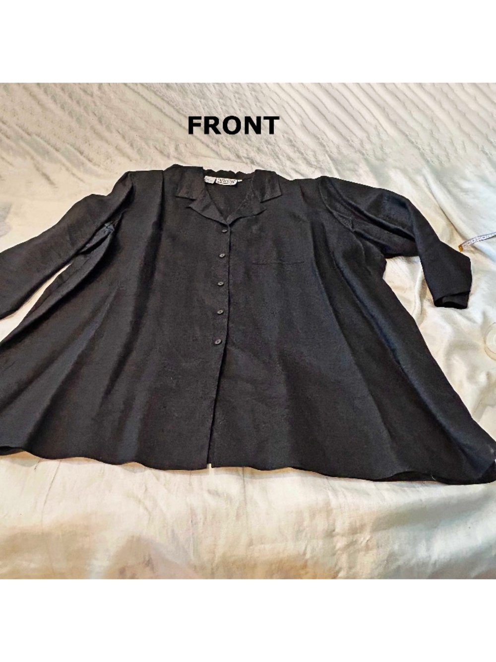 LINEN TUNIC, BLACK, SIZE 24, MOTHER OF PEARL BUTTON FRONT, LONG SLEEVES, ONE PKT